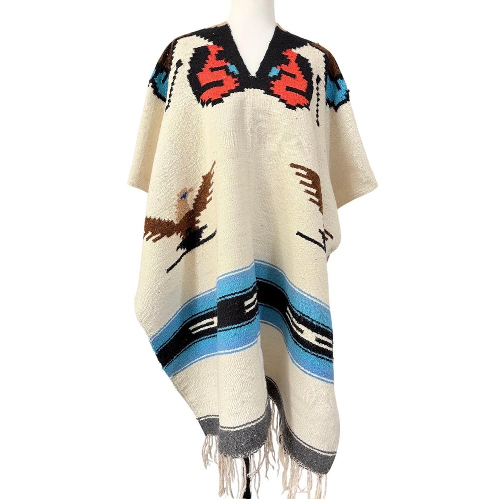 Vintage Mexican Wool Poncho Thunderbird Eagle Southwestern Serape